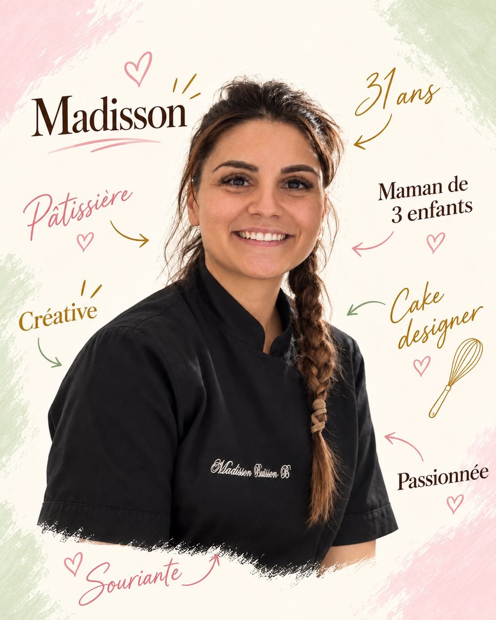 Portrait de Madisson, pâtissière et cake designer, maman de 3 enfants, créative, passionnée et souriante